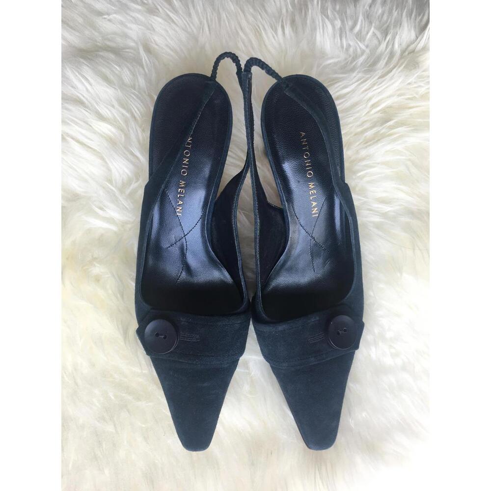 Antonio Melani Navy Suede Slingback Heels – Pointed Toe Button Detail – 7M